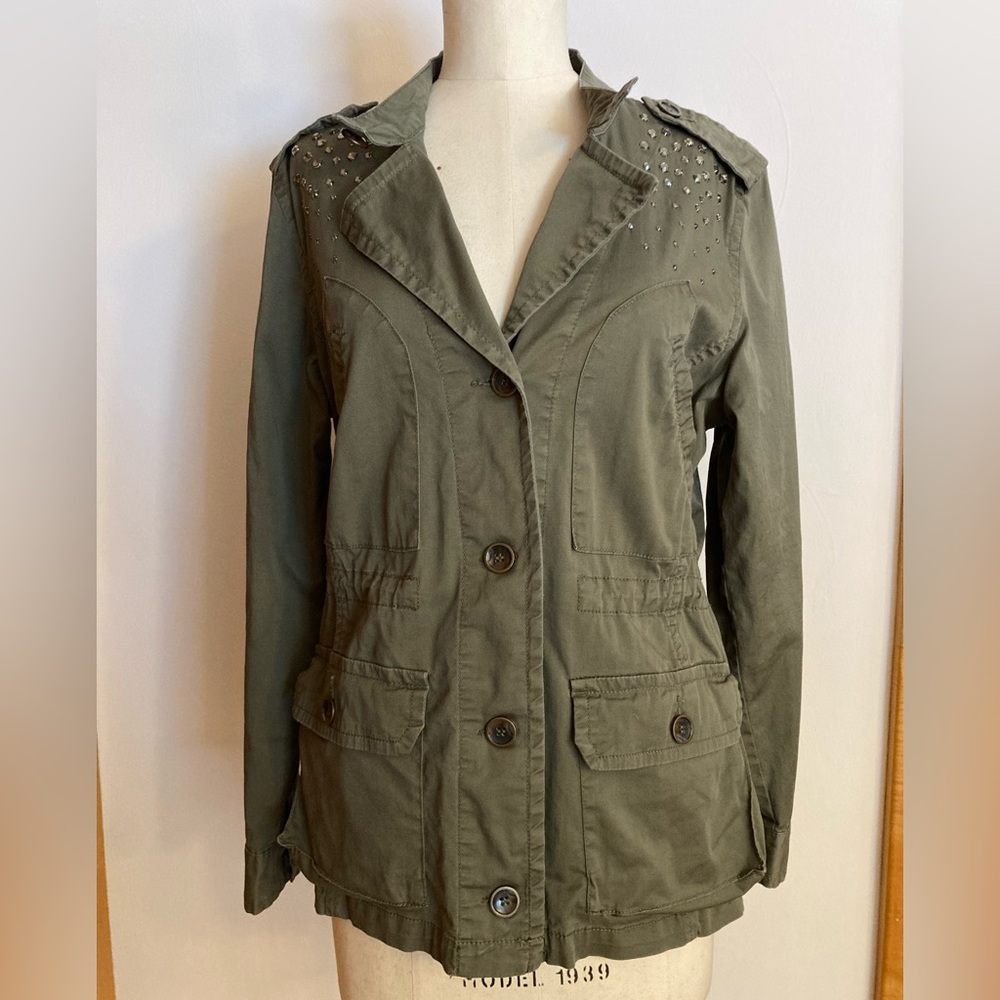 Style & Co. Olive Green Utility Jacket with Rhinestone Accents Military